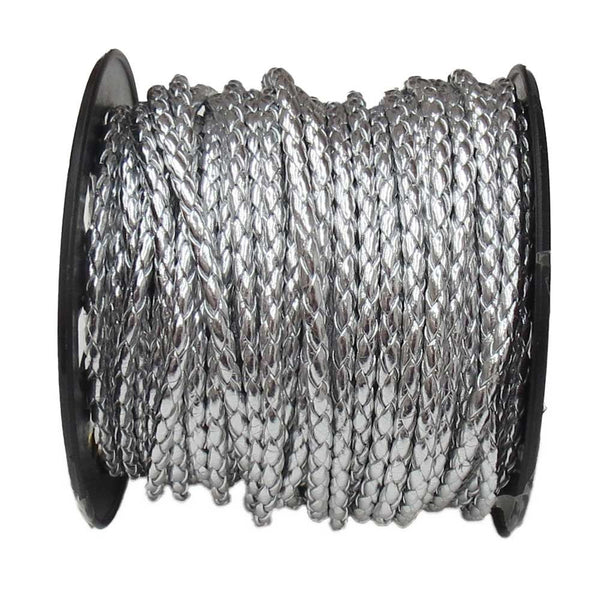 Braided Synthetic Leather Cord, Silver; 3.5mm - Per Yard