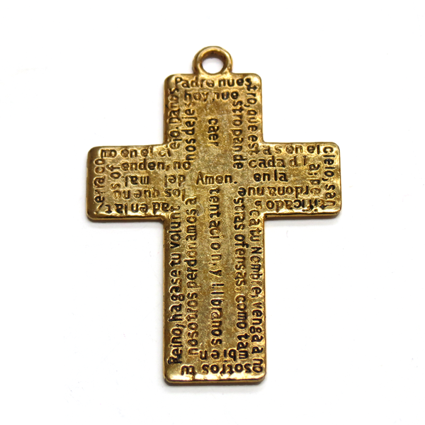 Cross Charm, Antique Gold with Our Father Prayer