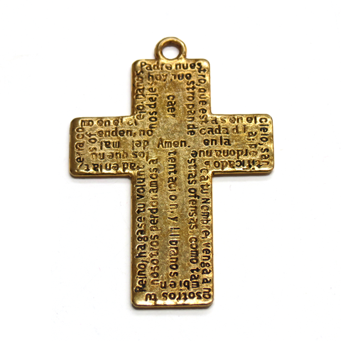 Cross Charm, Antique Gold with Our Father Prayer