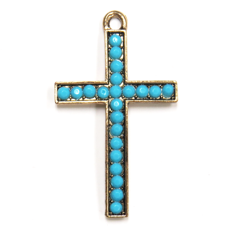 Cross Charm with Turquoise beads; Antique Gold