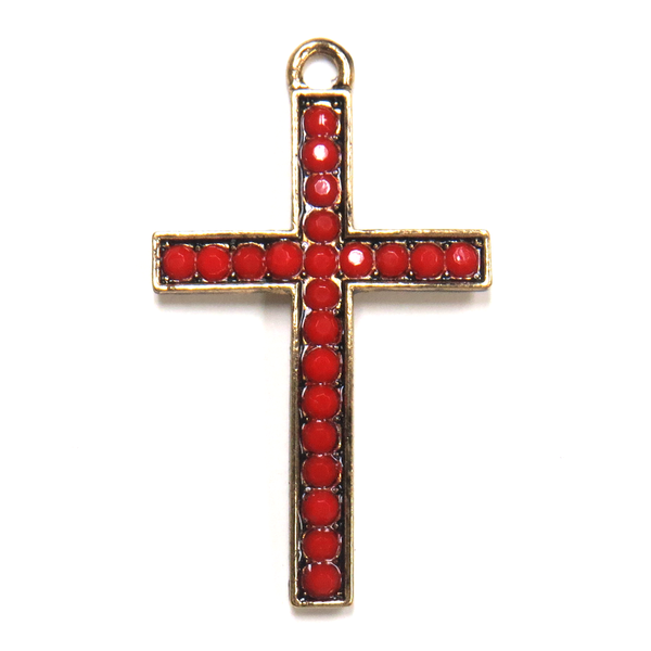 Cross Charm with red beads; Antique Gold