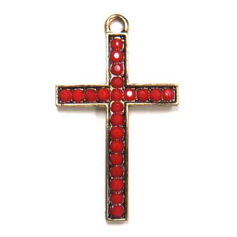 Cross Charm with red beads; Antique Gold