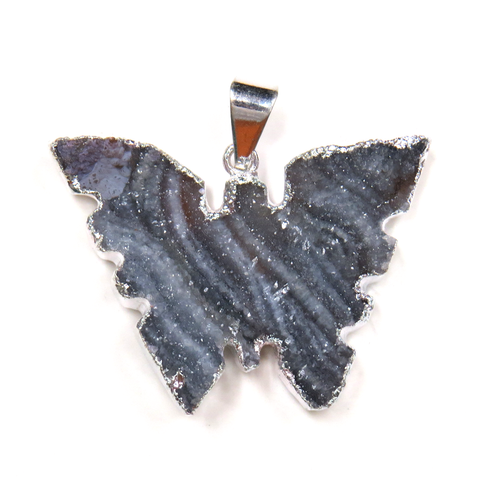 Druzy Chalcedony Butterfly Pendant; Silver- 1 piece