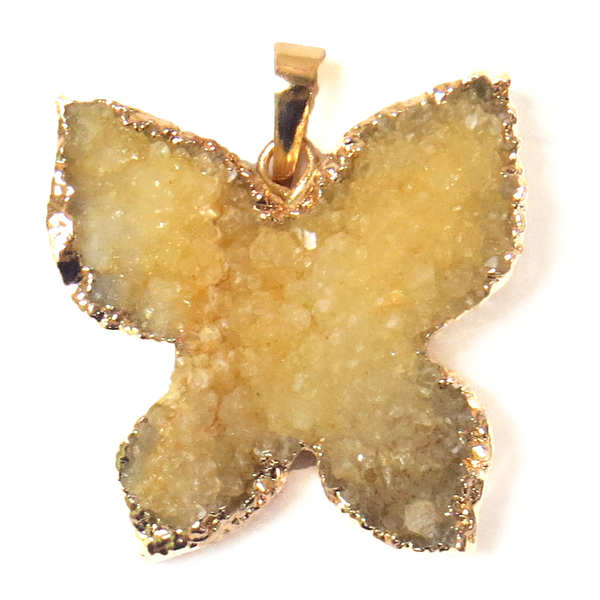 Yellow Druzy Butterflies Pendant -Gold