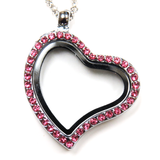30mm Zinc Alloy Heart Locket with Pink Rhinestones; Silver
