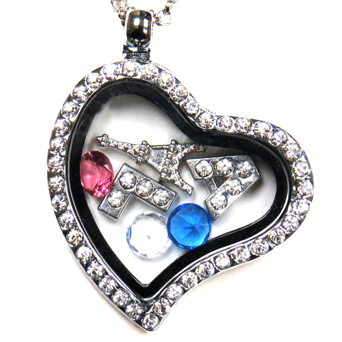 30mm Zinc Alloy Heart Locket with Rhinestones; Silver