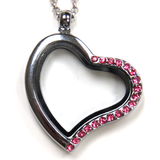 30mm Zinc Alloy Heart Locket Half Pink Rhinestones; Silver