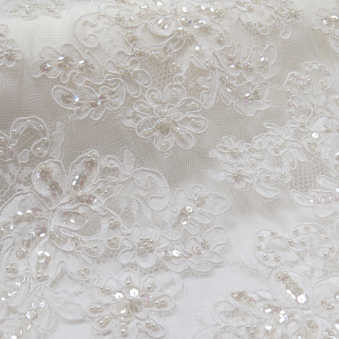 French Beaded Lace with Clear sequins, Ivory- 34" Wide; 1 yard