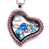 30mm Zinc Alloy Heart Locket with Pink Rhinestones; Silver