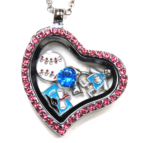 30mm Zinc Alloy Heart Locket with Pink Rhinestones; Silver