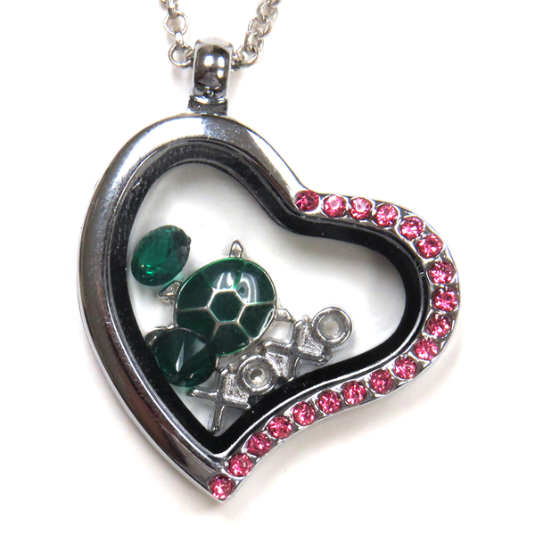 30mm Zinc Alloy Heart Locket Half Pink Rhinestones; Silver