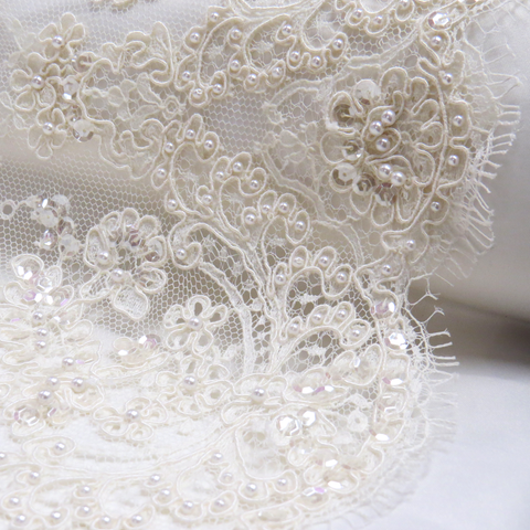 Beaded Alencon Lace Embroidered with Sequins and Pearls; Off-White