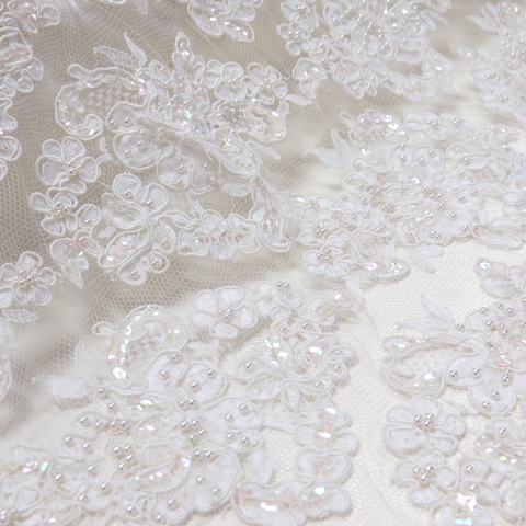 French Beaded Lace with Clear AB sequins, Ivory- 34" wide; 1 yard