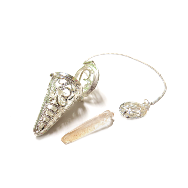 Crystal Quartz Pendulum with Cage - Silver