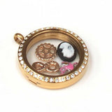 30mm Stainless Steel Round Locket with Rhinestones; Gold