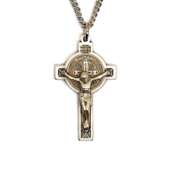 Saint Benedict Cross Religious Necklace, 18" Long, Sterling Silver; 1 piece