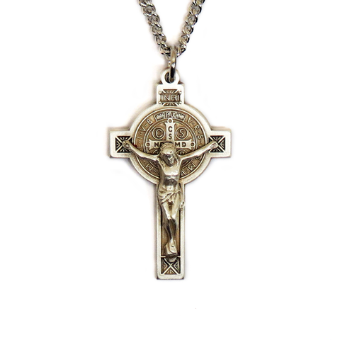 Saint Benedict Cross Religious Necklace, 18" Long, Sterling Silver; 1 piece