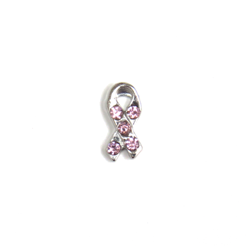 Silver cancer ribbon with pink rhinestones - Floating Charm
