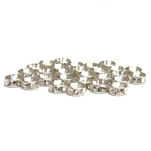 Spacer Beads with Rhinestones, Silver Plated, 6mm, 12 pcs