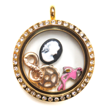 30mm Stainless Steel Round Locket with Rhinestones; Gold