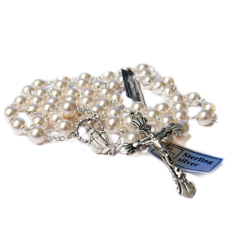 6mm Sterling Silver Swarovski White Pearl Italian Rosary, White, 17" Long; 1 piece
