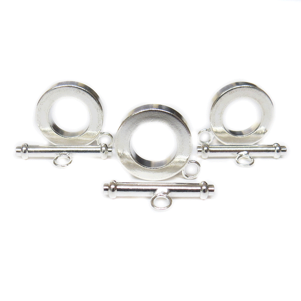Toggle Clasp, Smooth Round, Silver Plated Brass-15mm; 3pcs