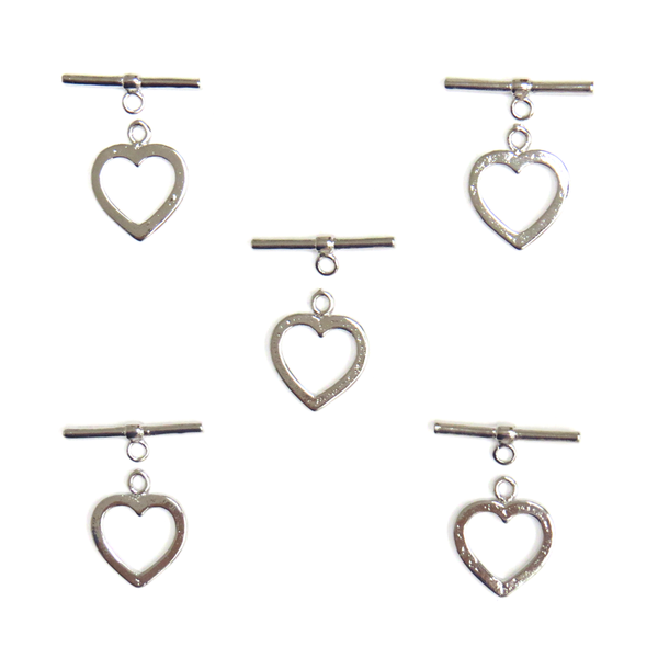 Toggle Heart, Silver, Brass, 14 x 15 mm, 5 Pieces
