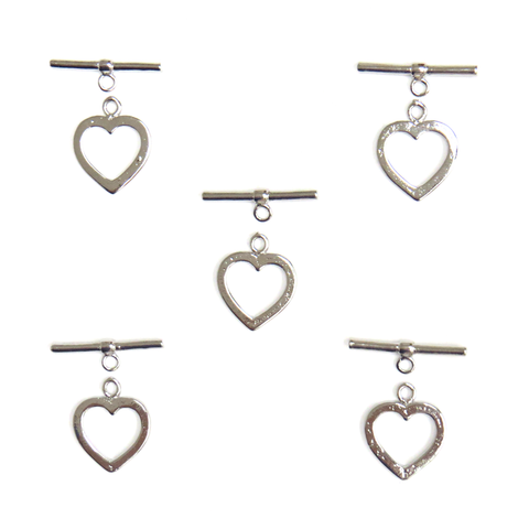Toggle Heart, Silver, Brass, 14 x 15 mm, 5 Pieces