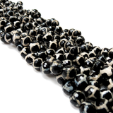 Agate Round Faceted, Animal Print-Black/White; 12mm
