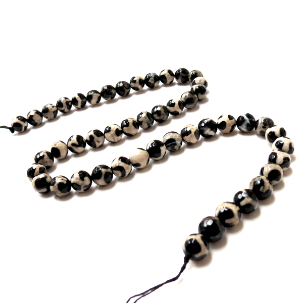 Agate, Round Faceted Print, Black; 8mm