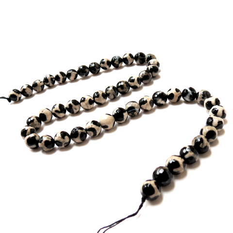 Agate, Round Faceted Print, Black; 8mm