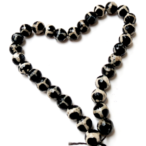 Agate Round Faceted, Animal Print-Black/White; 12mm