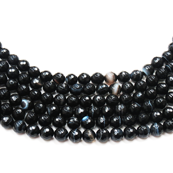 Agate Round Faceted, Black and White Stripes; 12mm