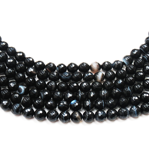 Agate Round Faceted, Black and White Stripes; 12mm