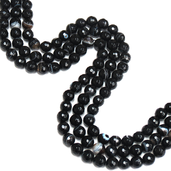 Agate Round Faceted, Black with White Stripes; 8mm