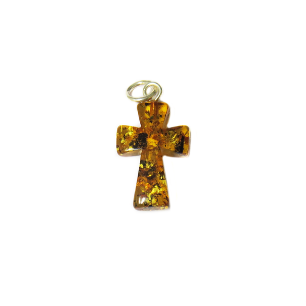 Dark Topaz Spotted Amber Cross, Sterling Silver, 17x10mm; 1 piece