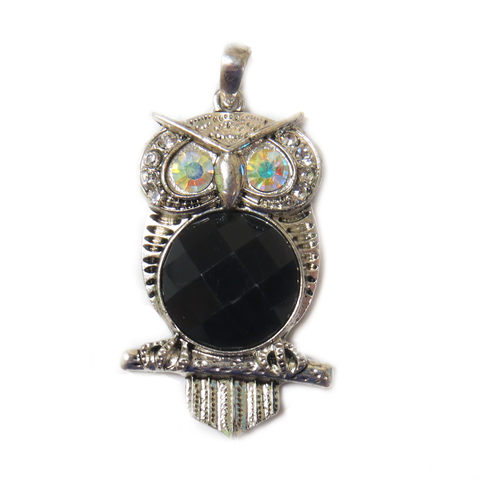Black Owl Pendant with Rhinestones - Silver