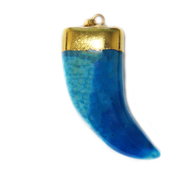 Blue Agate Horn Pendant, Gold, 56x20mm; 1 piece