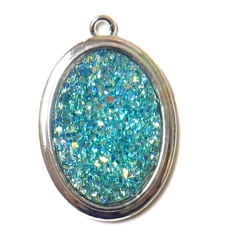 Blue AB Druzy Resin Pendant; Large - Silver