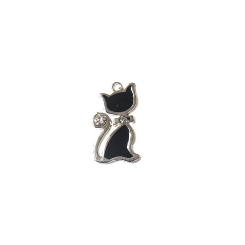 Black Cat Charm with Rhinestones, Silver, 35x19mm - 1 piece