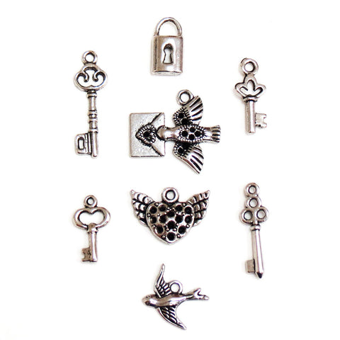 Dove & Key Charm-Antique Silver; 8pcs