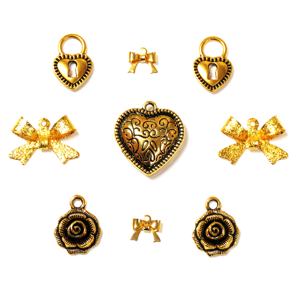 Ribbons, Hearts and Roses Charms-Antique Gold; 9pcs