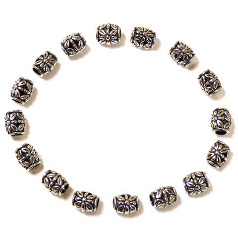 Barrel Spacer Beads with Flower Design- Antique Silver; 16pcs