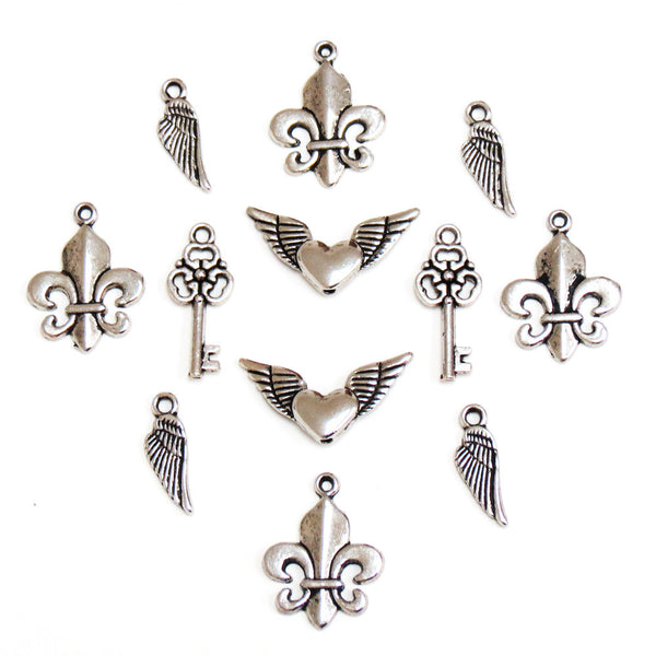 Wings & Keys Charms-Antique Silver; 12pcs