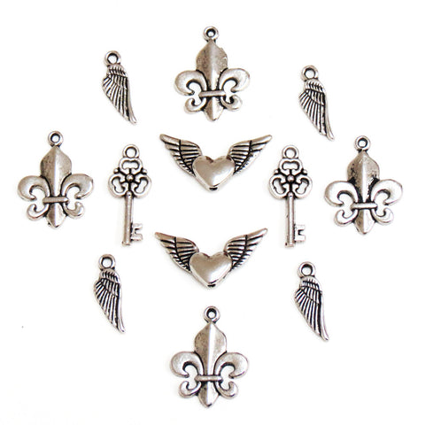 Wings & Keys Charms-Antique Silver; 12pcs
