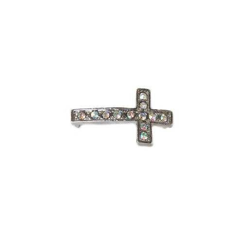 Cross with Multicolor Rhinestones Connector, 28x17mm, Silver; 1 piece