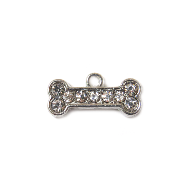 Dog Bone Charm with Rhinestones, Silver, 20x9mm - 1 piece