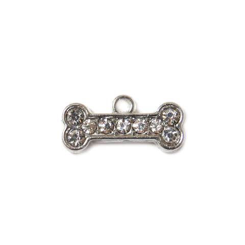 Dog Bone Charm with Rhinestones, Silver, 20x9mm - 1 piece