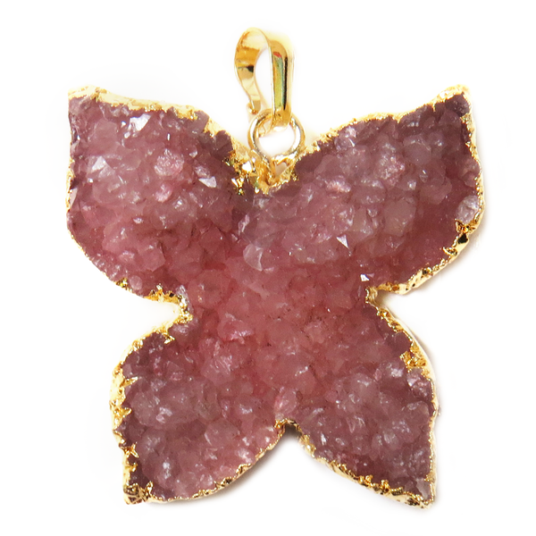 Dusty Rose Druzy Butterfly Pendant - Gold