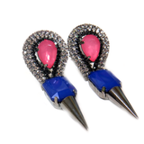Spike Earring with Rhinestones, Fuschia & Blue, 3 inches - 1 piece
